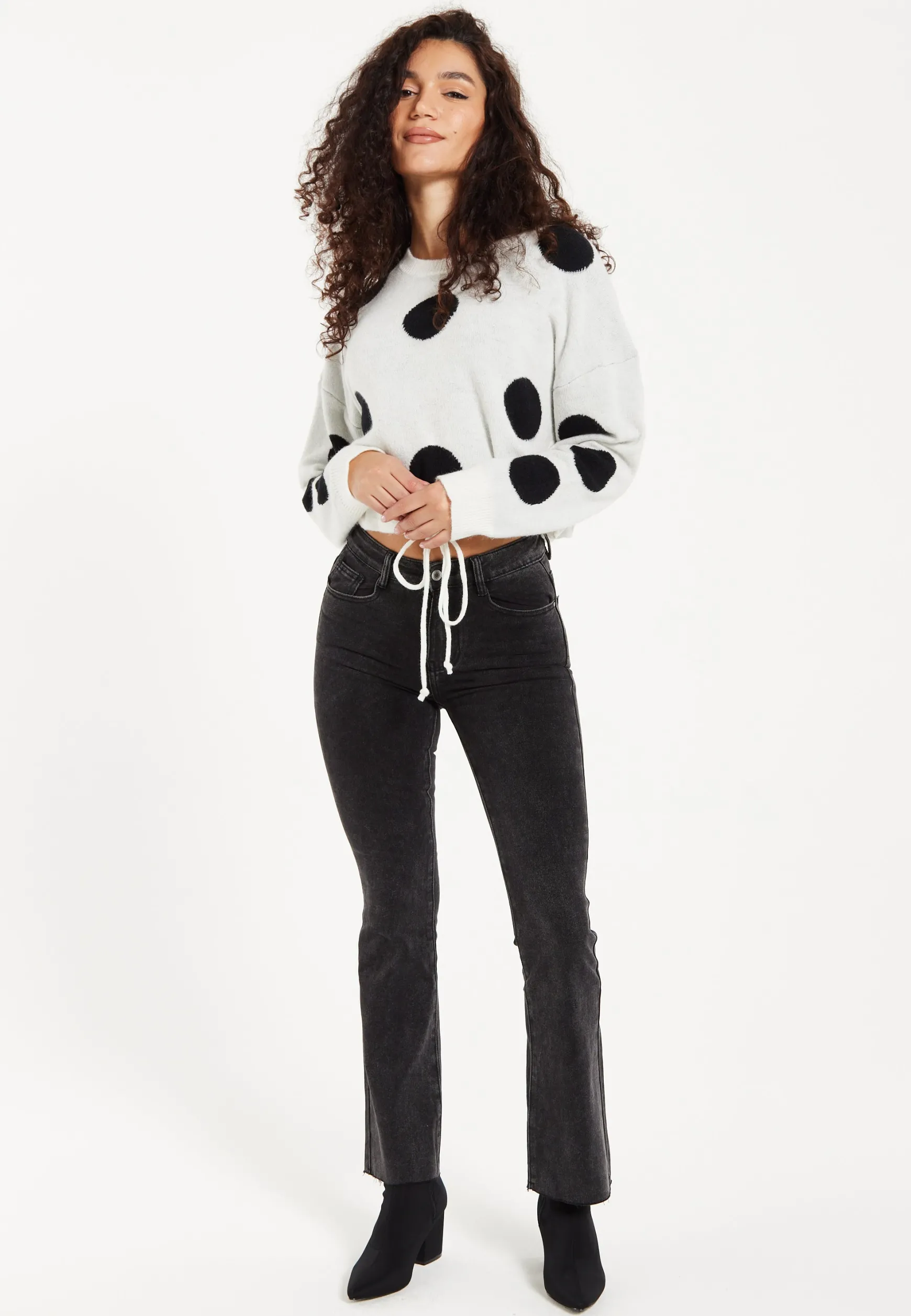 Women's Jumper with Long Sleeves, Waist Tie, Contrast Neckline & Cuffs - White with Black Polka Dots by Liquorish