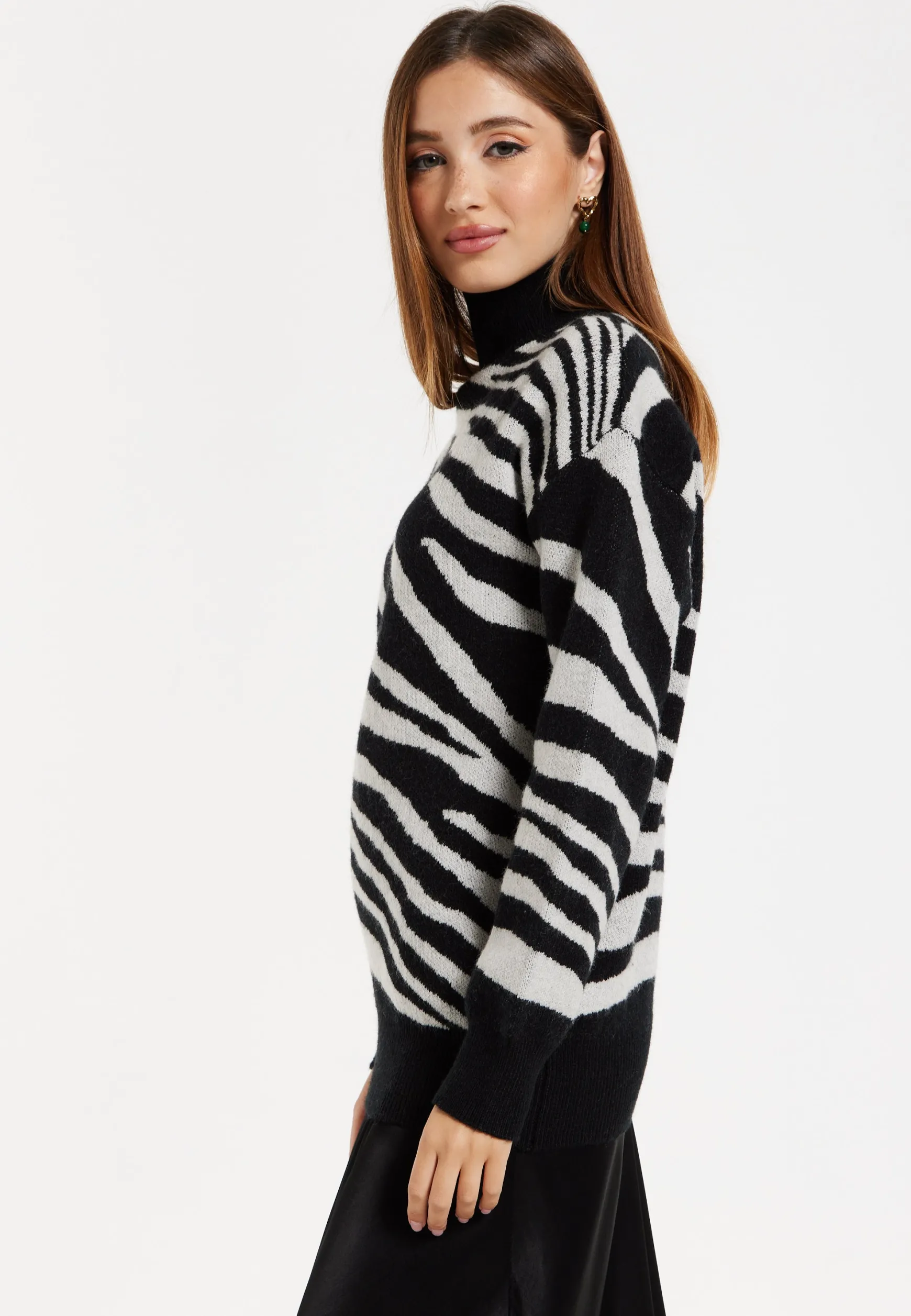 Women's Jumper with Long Sleeves in Mono Zebra Pattern - High Neck Design for Warmth and Comfort, Liquorish