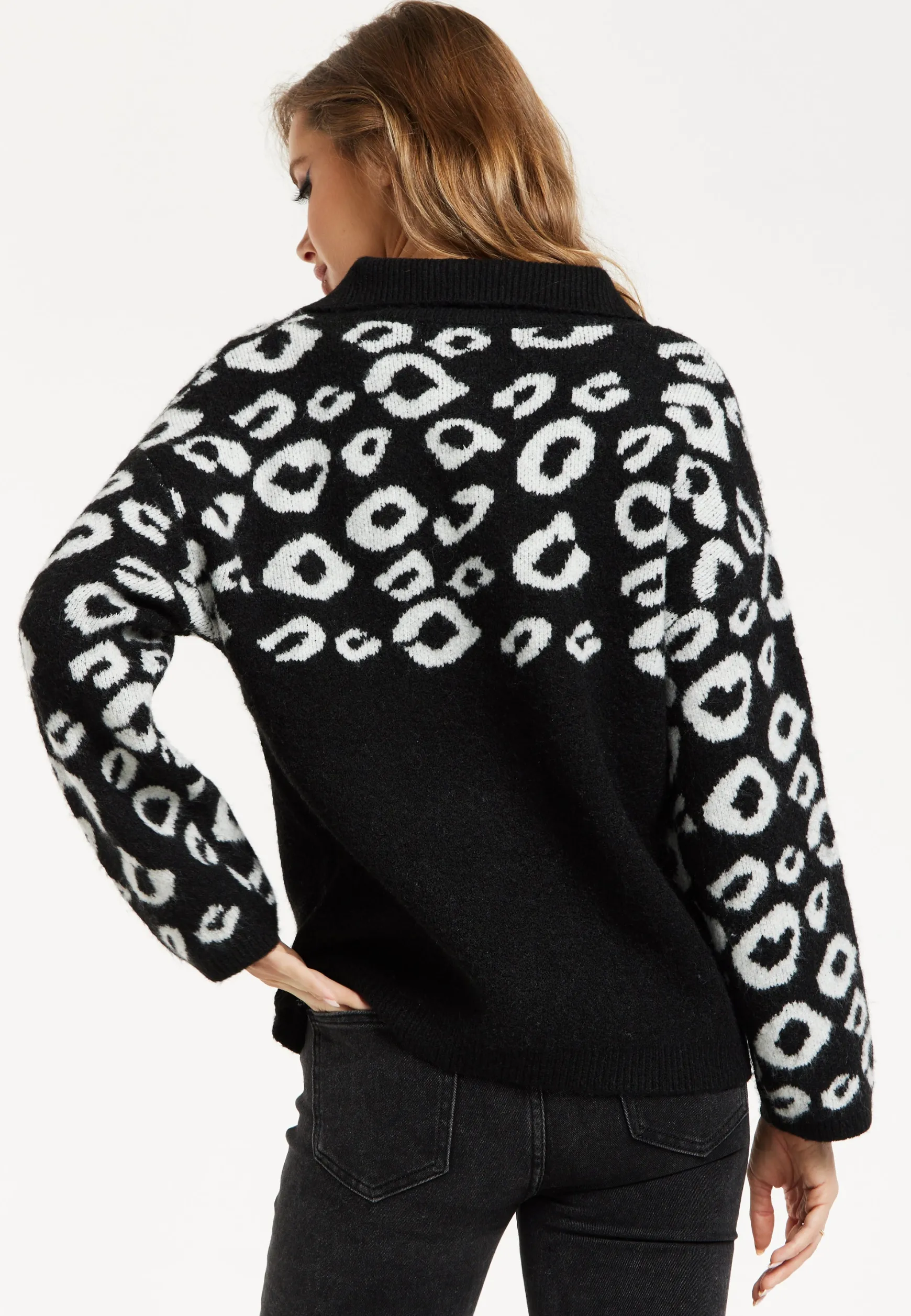 Women's Jumper with Long Sleeves and Front Zip, Black and White Jacquard Animal Pattern, by Liquorish