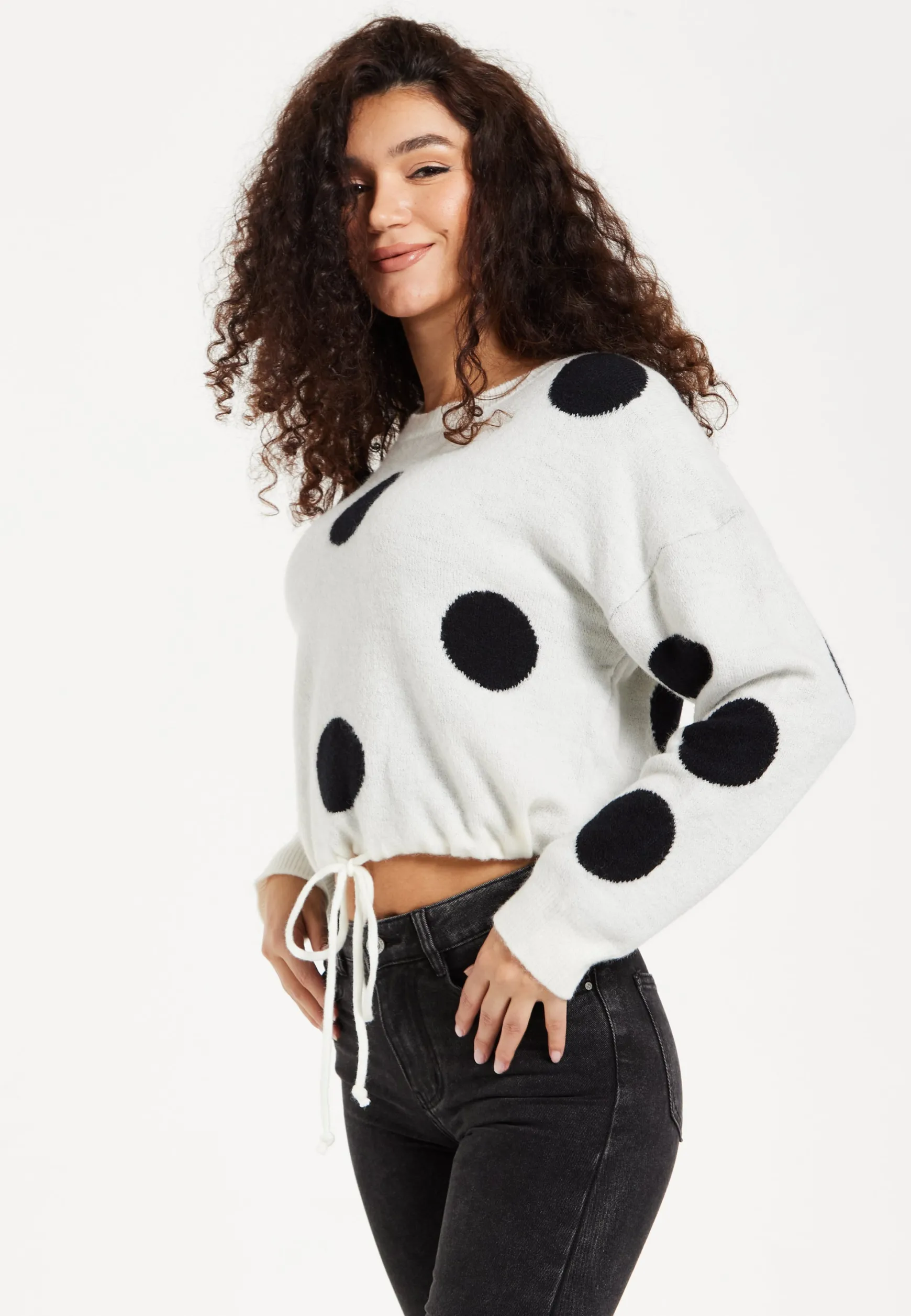 Women's Jumper with Long Sleeves, Waist Tie, Contrast Neckline & Cuffs - White with Black Polka Dots by Liquorish