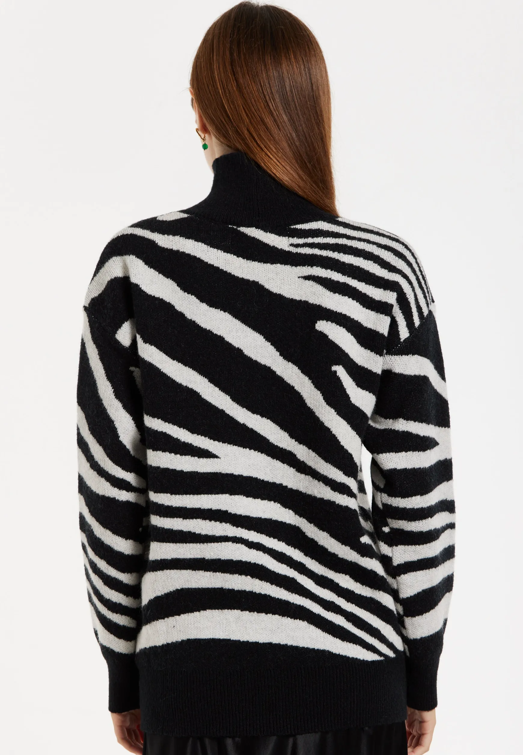 Women's Jumper with Long Sleeves in Mono Zebra Pattern - High Neck Design for Warmth and Comfort, Liquorish