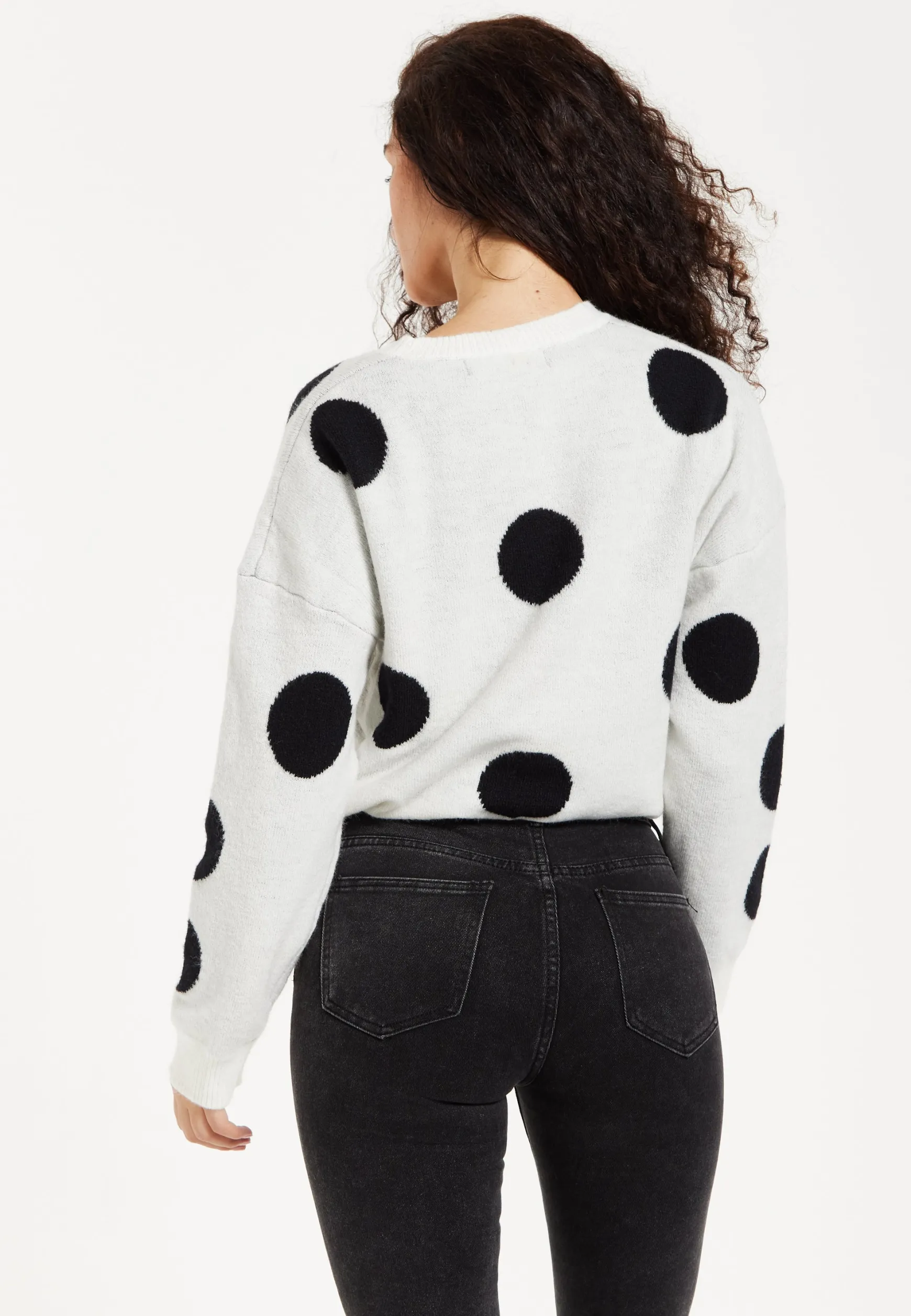 Women's Jumper with Long Sleeves, Waist Tie, Contrast Neckline & Cuffs - White with Black Polka Dots by Liquorish