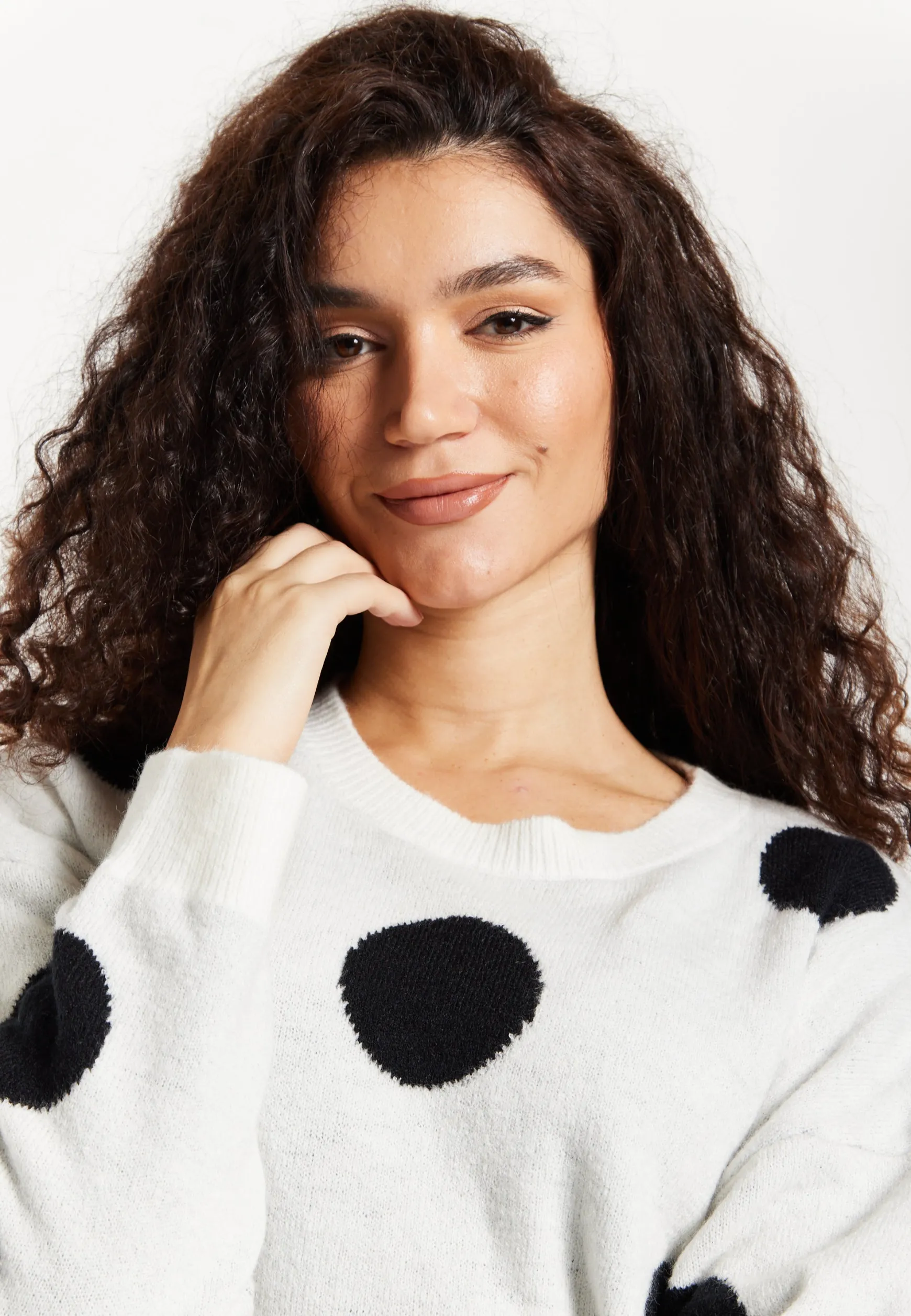 Women's Jumper with Long Sleeves, Waist Tie, Contrast Neckline & Cuffs - White with Black Polka Dots by Liquorish