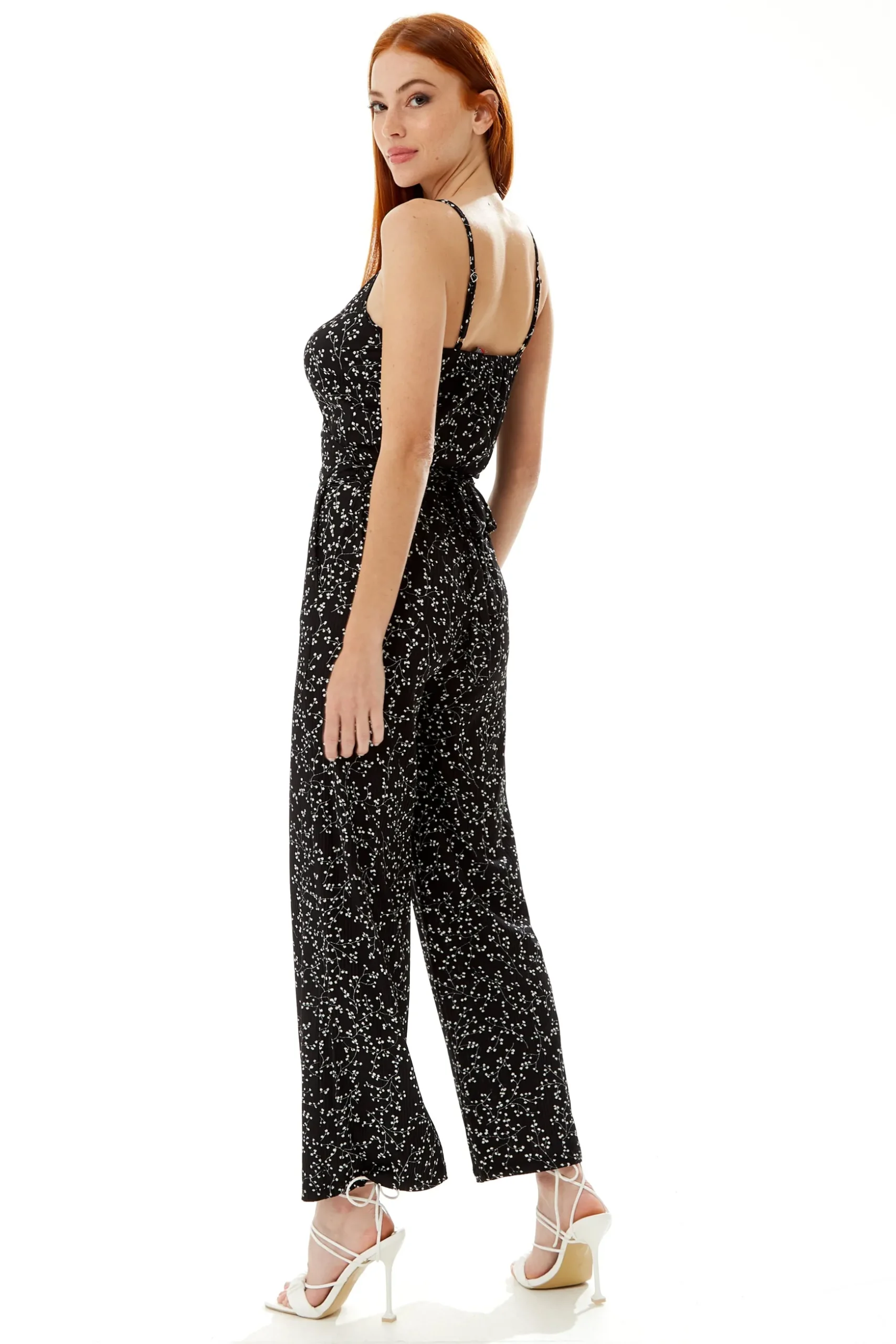 Women's Jumpsuit - Black Floral Print, Sleeveless, Crossover Front, Full Length, Wide Legs, Liquorish