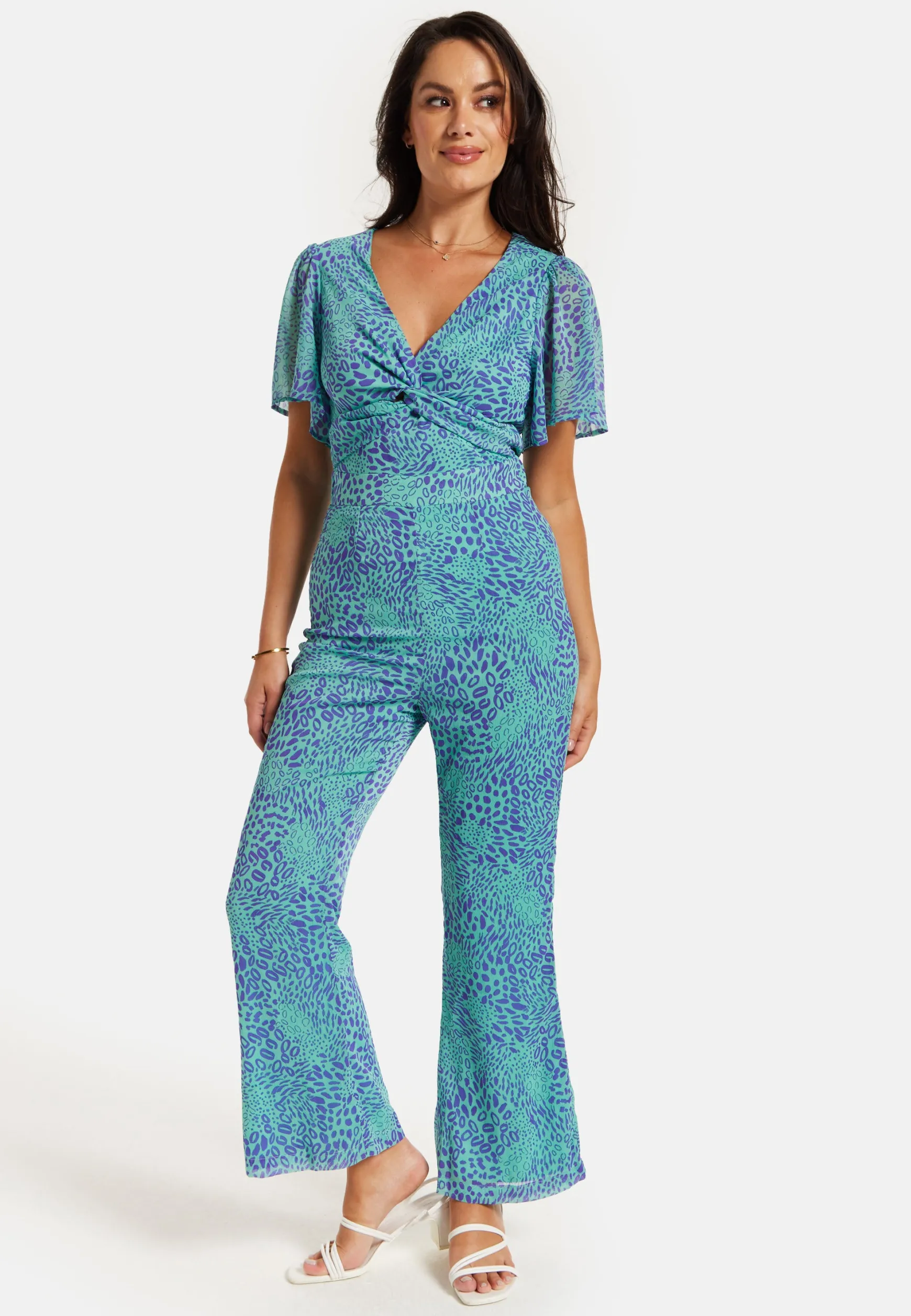 Women's Jumpsuit - Blue Animal Print, V Neck, Knot Front, Short Sleeves, Regular Fit, Liquorish