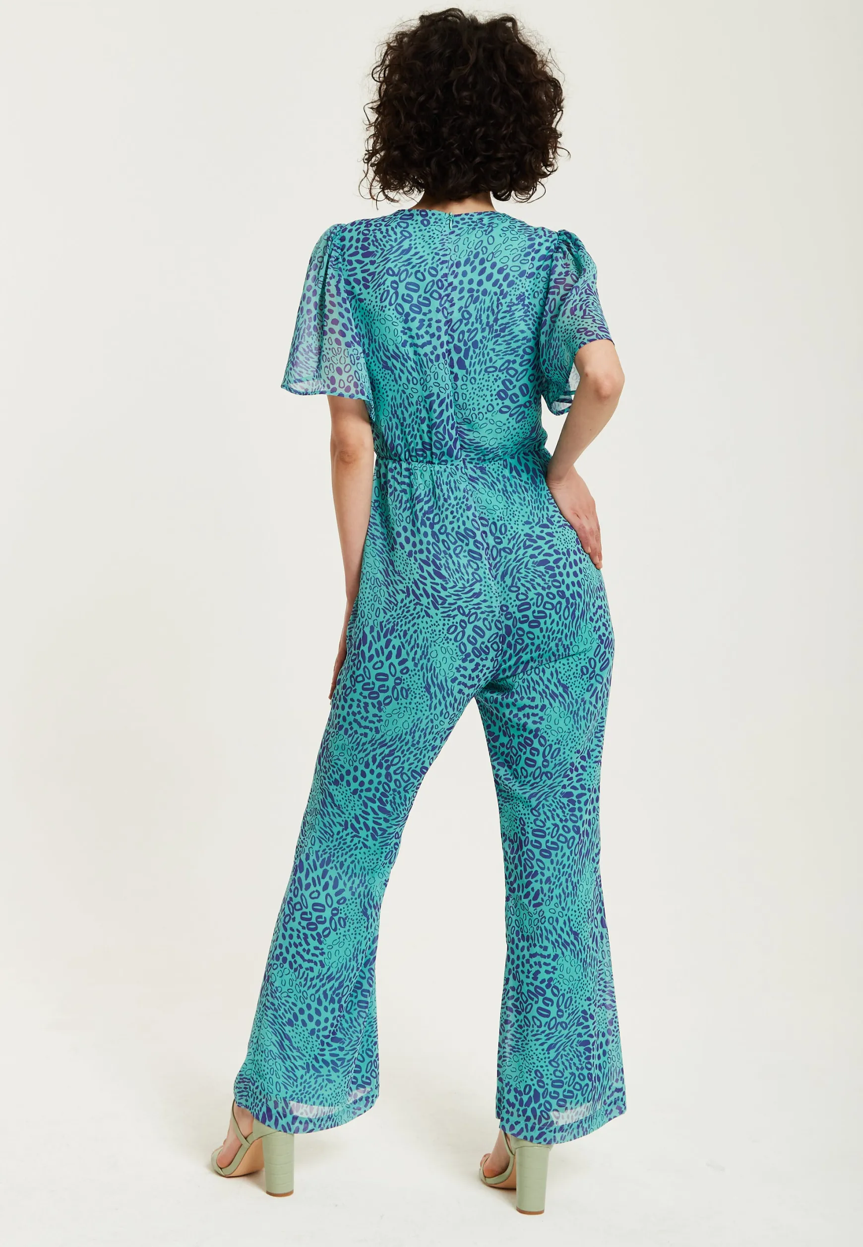 Women's Jumpsuit - Blue Animal Print, V Neck, Knot Front, Short Sleeves, Regular Fit, Liquorish