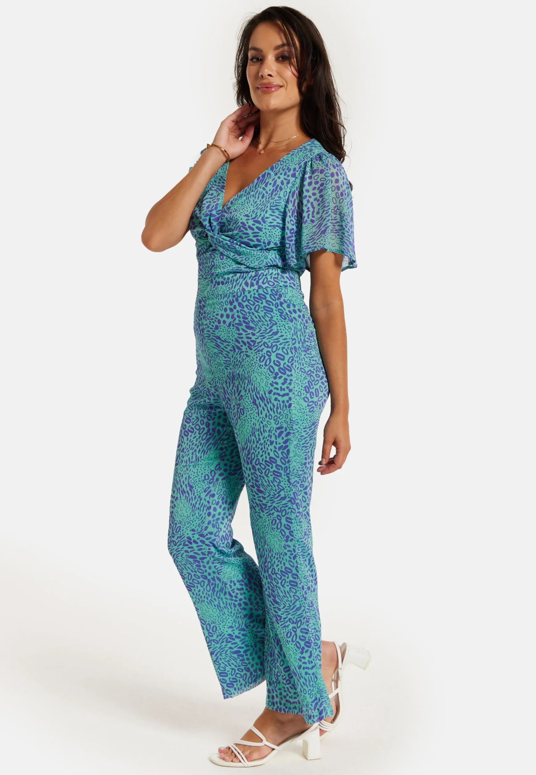 Women's Jumpsuit - Blue Animal Print, V Neck, Knot Front, Short Sleeves, Regular Fit, Liquorish
