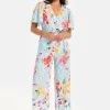Women's Jumpsuit - Blue Floral Crossover V Neck with Tie Waist and Wide Legs - Liquorish