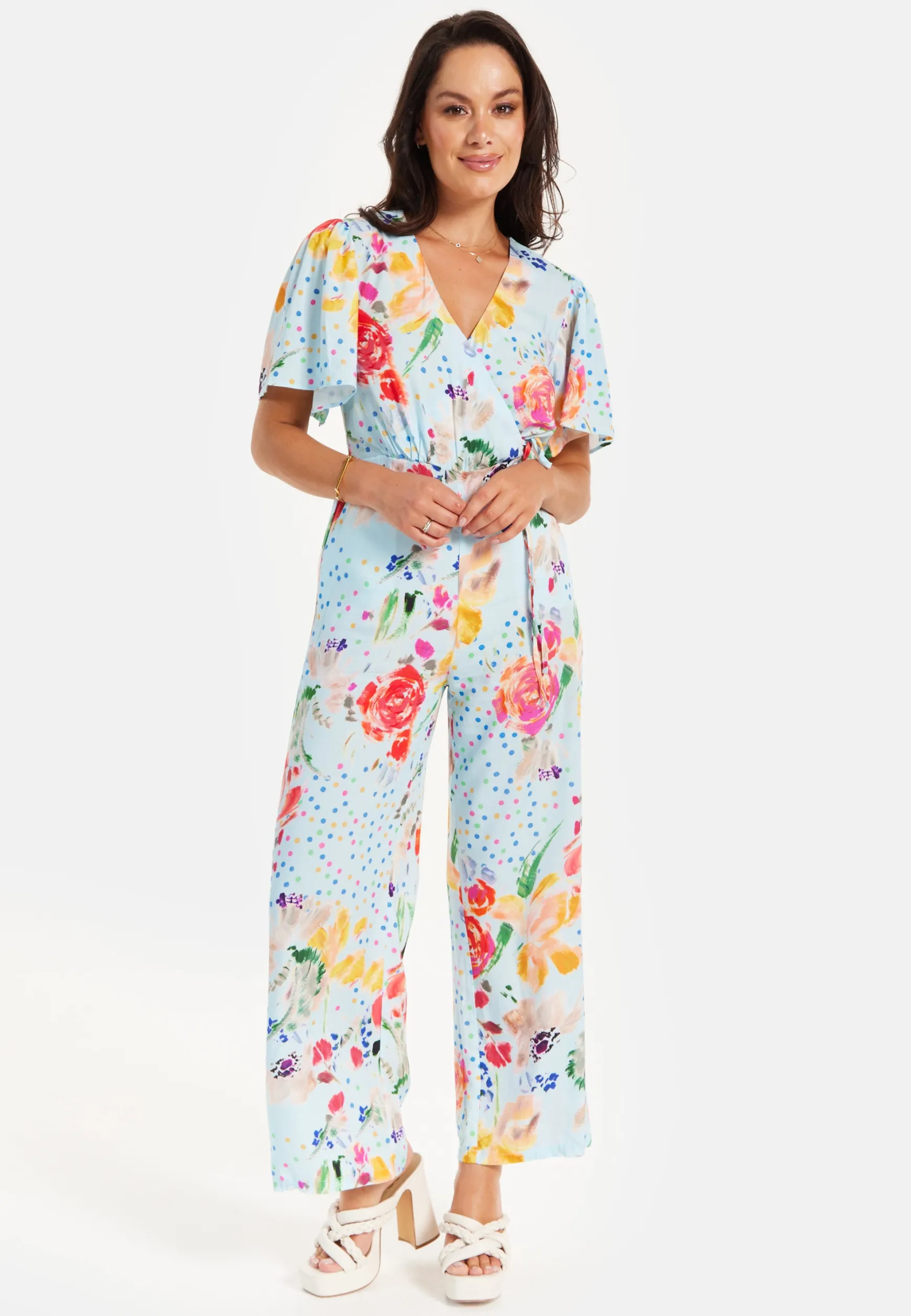 Women's Jumpsuit - Blue Floral Crossover V Neck with Tie Waist and Wide Legs - Liquorish