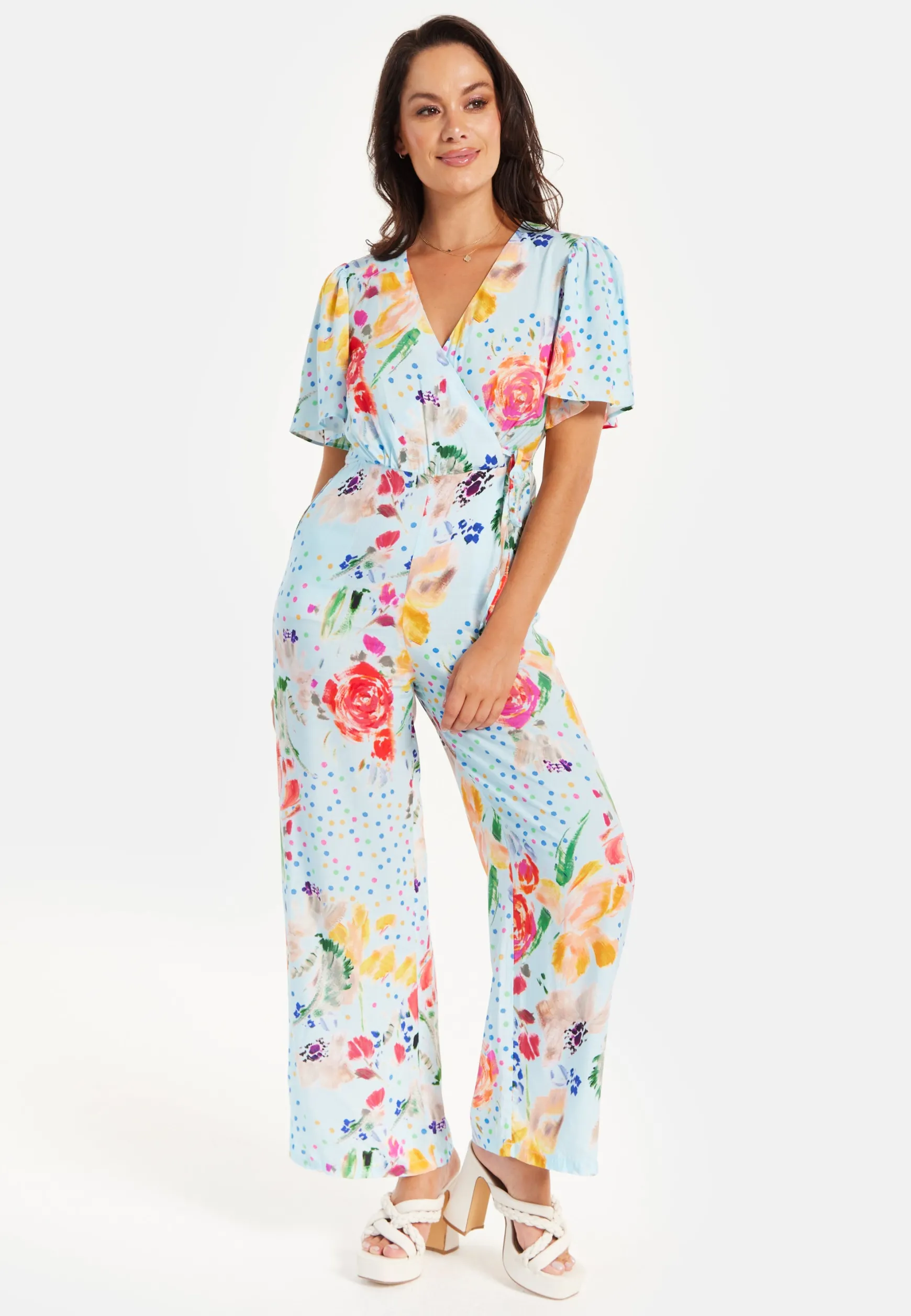 Women's Jumpsuit - Blue Floral Crossover V Neck with Tie Waist and Wide Legs - Liquorish