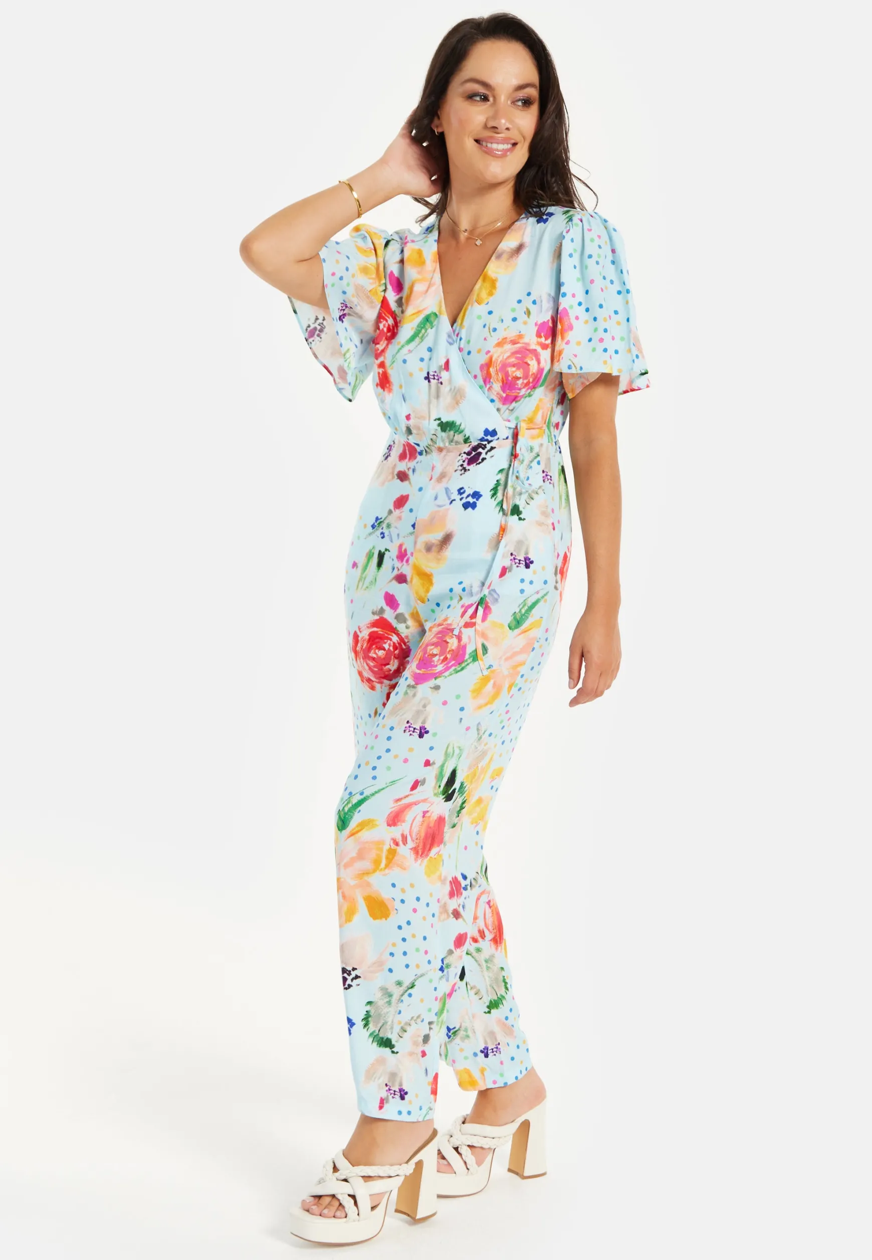 Women's Jumpsuit - Blue Floral Crossover V Neck with Tie Waist and Wide Legs - Liquorish