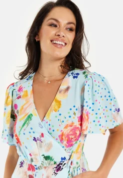 Women's Jumpsuit - Blue Floral Crossover V Neck with Tie Waist and Wide Legs - Liquorish
