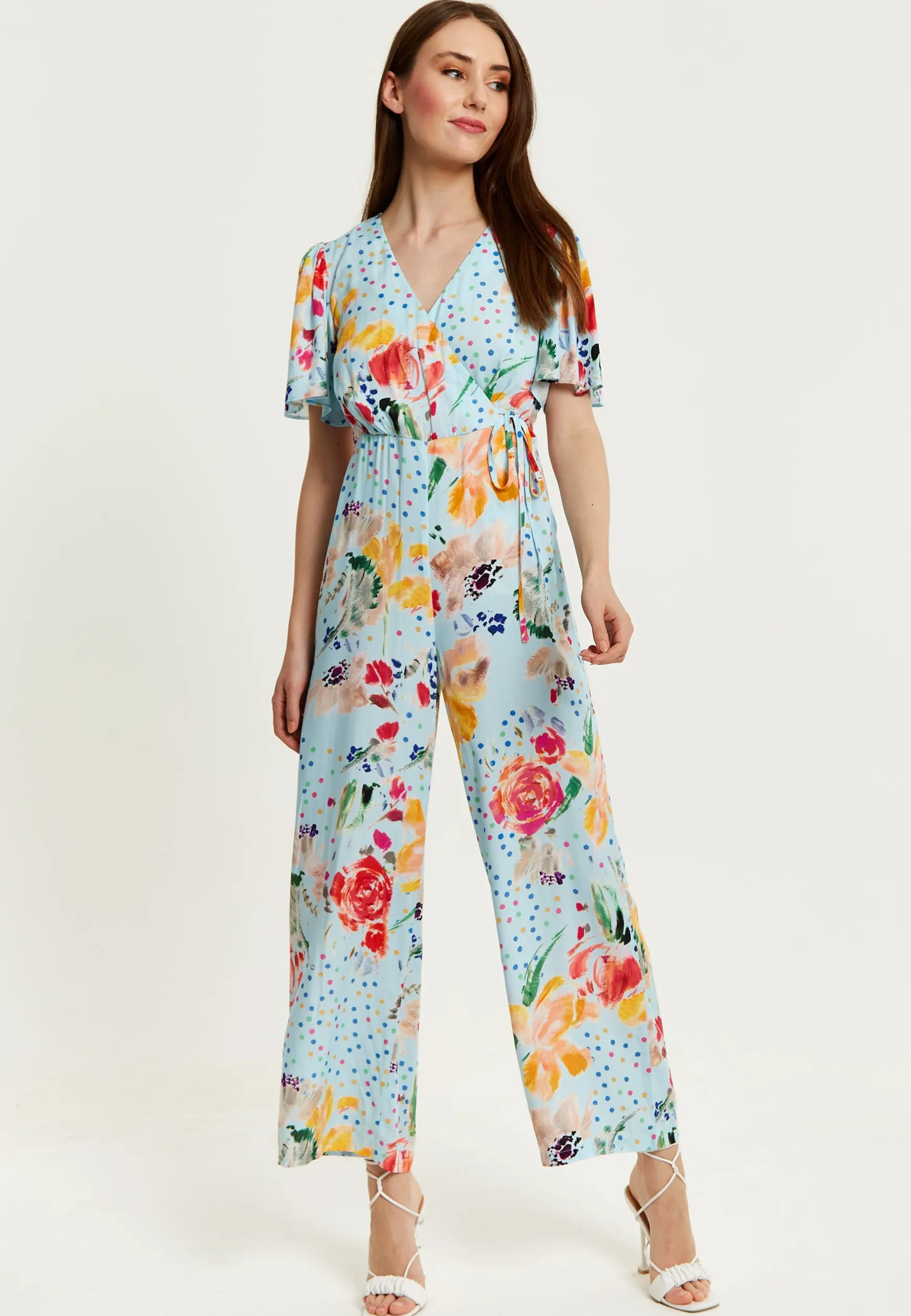 Women's Jumpsuit - Blue Floral Crossover V Neck with Tie Waist and Wide Legs - Liquorish