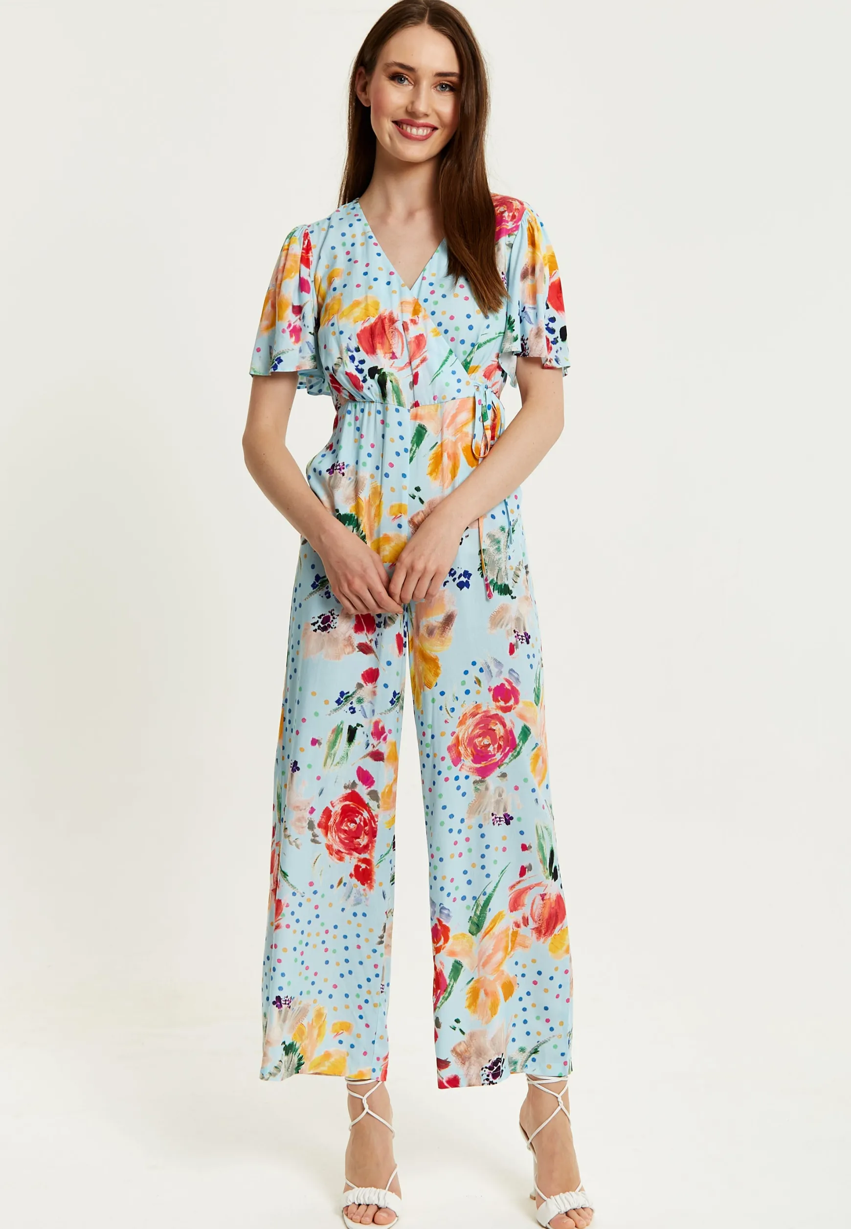 Women's Jumpsuit - Blue Floral Crossover V Neck with Tie Waist and Wide Legs - Liquorish
