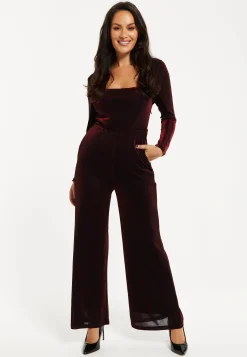 Women's Jumpsuit - Burgundy Cowl Neck, Full Length, Long Sleeves, Lurex Design, Perfect for Parties - Liquorish