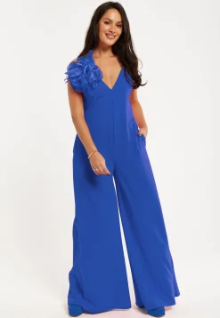 Women's Jumpsuit - Elegant Blue with Floral Shoulder Detail, Deep V-Neck, Wide-Leg Silhouette, Side Pockets, Liquorish
