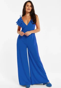 Women's Jumpsuit - Elegant Blue with Floral Shoulder Detail, Deep V-Neck, Wide-Leg Silhouette, Side Pockets, Liquorish