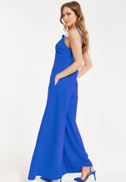 Women's Jumpsuit - Elegant Blue with Floral Shoulder Detail, Deep V-Neck, Wide-Leg Silhouette, Side Pockets, Liquorish