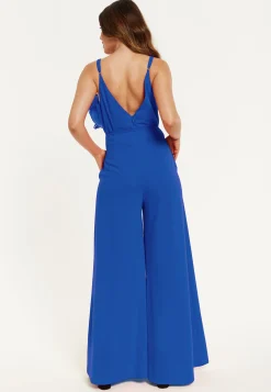 Women's Jumpsuit - Elegant Blue with Floral Shoulder Detail, Deep V-Neck, Wide-Leg Silhouette, Side Pockets, Liquorish