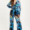 Women's Jumpsuit - Multicolour Abstract Print with Ruched Front, Long Sleeves, Wide Legs - Liquorish