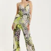 Women's Jumpsuit - Multicolour Abstract Print, Deep V-Neck, Spaghetti Straps, Wrap Front, Tie Waist - Liquorish