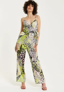 Women's Jumpsuit - Multicolour Abstract Print, Deep V-Neck, Spaghetti Straps, Wrap Front, Tie Waist - Liquorish