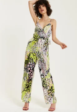Women's Jumpsuit - Multicolour Abstract Print, Deep V-Neck, Spaghetti Straps, Wrap Front, Tie Waist - Liquorish