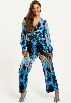 Women's Jumpsuit - Multicolour Abstract Print with Ruched Front, Long Sleeves, Wide Legs - Liquorish
