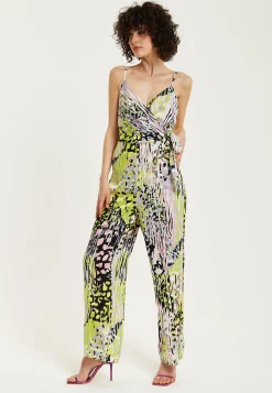 Women's Jumpsuit - Multicolour Abstract Print, Deep V-Neck, Spaghetti Straps, Wrap Front, Tie Waist - Liquorish