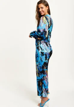 Women's Jumpsuit - Multicolour Abstract Print with Ruched Front, Long Sleeves, Wide Legs - Liquorish