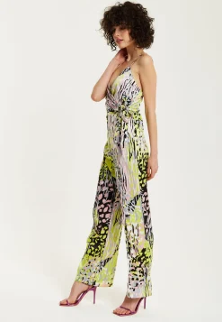 Women's Jumpsuit - Multicolour Abstract Print, Deep V-Neck, Spaghetti Straps, Wrap Front, Tie Waist - Liquorish