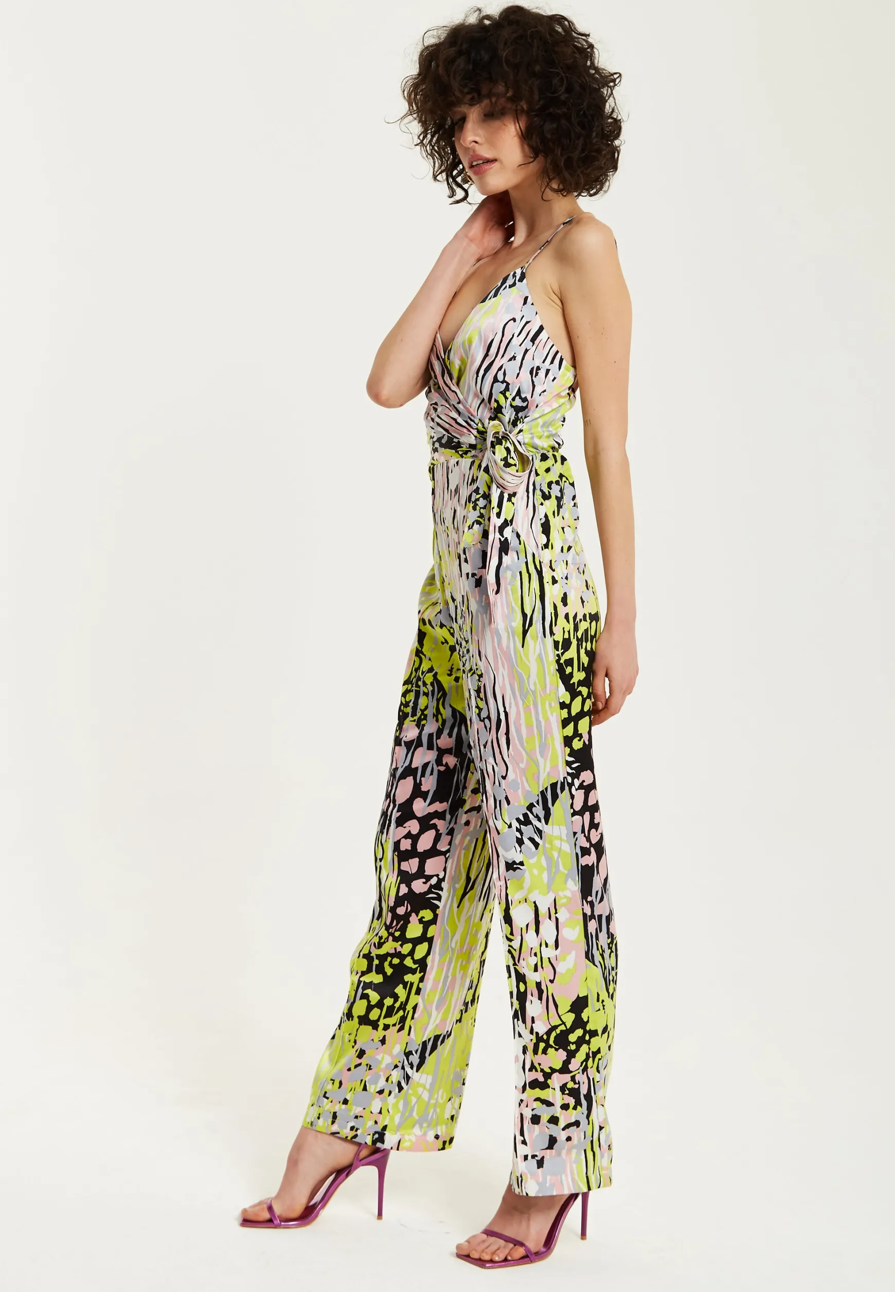 Women's Jumpsuit - Multicolour Abstract Print, Deep V-Neck, Spaghetti Straps, Wrap Front, Tie Waist - Liquorish