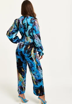 Women's Jumpsuit - Multicolour Abstract Print with Ruched Front, Long Sleeves, Wide Legs - Liquorish