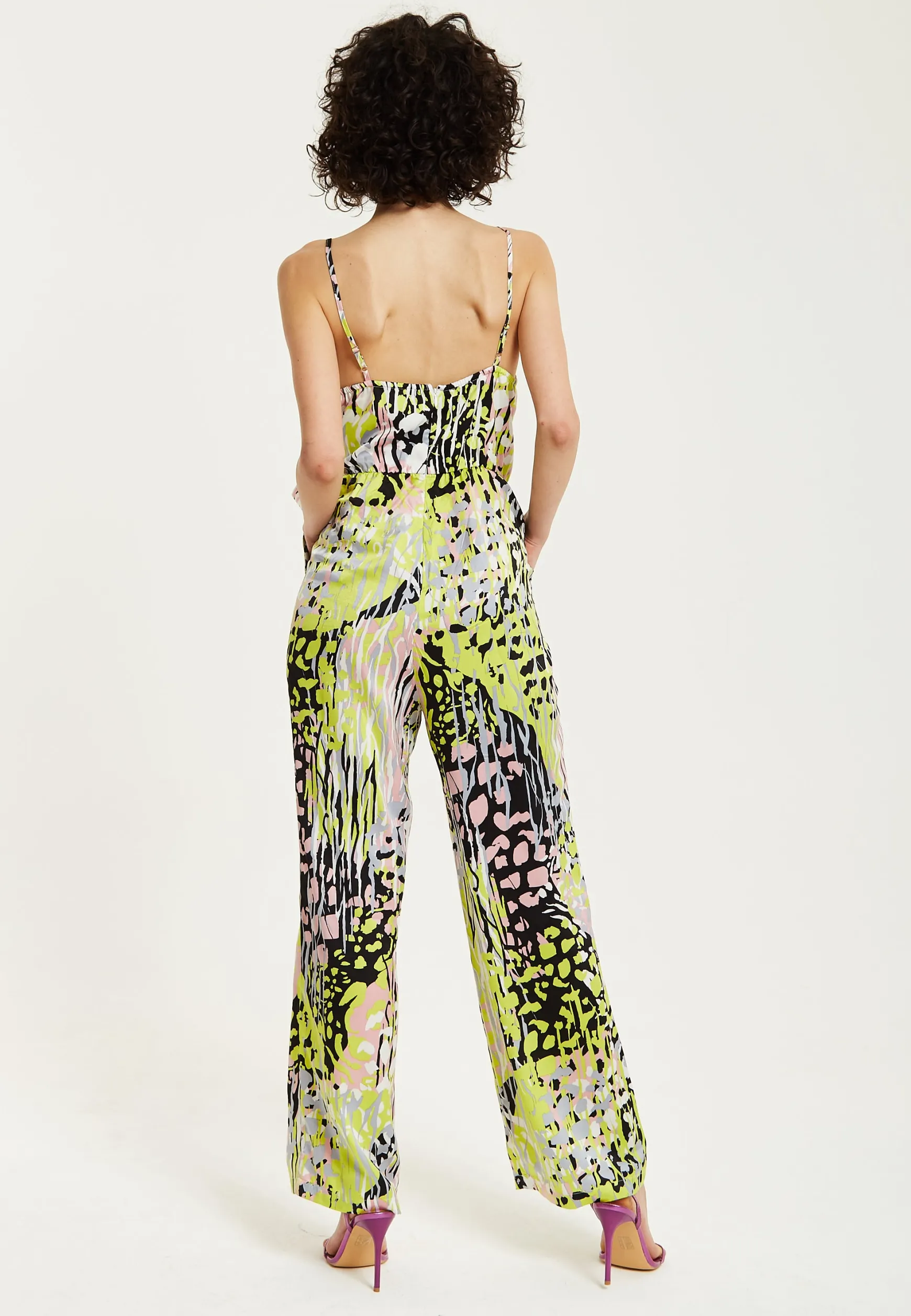 Women's Jumpsuit - Multicolour Abstract Print, Deep V-Neck, Spaghetti Straps, Wrap Front, Tie Waist - Liquorish