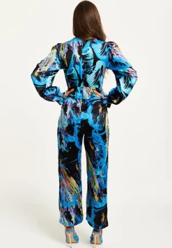 Women's Jumpsuit - Multicolour Abstract Print with Ruched Front, Long Sleeves, Wide Legs - Liquorish