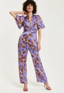 Women's Jumpsuit - Purple Floral Wide Leg with Angel Sleeves and Front Buttons by Liquorish