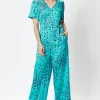 Women's Jumpsuit in Blue Animal Print with Short Sleeves, V Neck, and Wide Legs by Liquorish