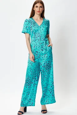 Women's Jumpsuit in Blue Animal Print with Short Sleeves, V Neck, and Wide Legs by Liquorish