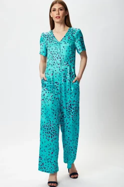 Women's Jumpsuit in Blue Animal Print with Short Sleeves, V Neck, and Wide Legs by Liquorish