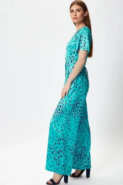 Women's Jumpsuit in Blue Animal Print with Short Sleeves, V Neck, and Wide Legs by Liquorish