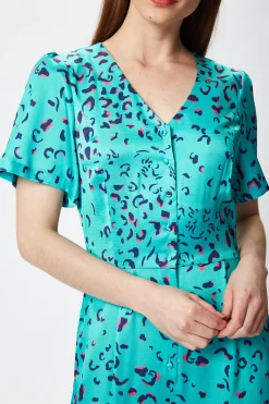 Women's Jumpsuit in Blue Animal Print with Short Sleeves, V Neck, and Wide Legs by Liquorish