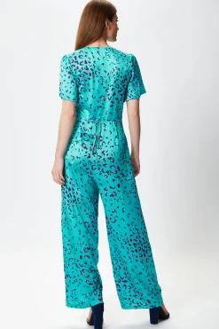 Women's Jumpsuit in Blue Animal Print with Short Sleeves, V Neck, and Wide Legs by Liquorish