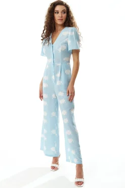 Women's Jumpsuit in Blue with Cloud Print, V Neck, Short Sleeves, Wide Legs, Button Details - Liquorish