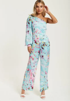 Women's Jumpsuit in Blue with Abstract Print, One Shoulder Style, Full Length Wide Legs, Regular Fit, Liquorish