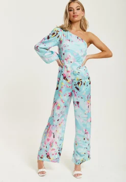 Women's Jumpsuit in Blue with Abstract Print, One Shoulder Style, Full Length Wide Legs, Regular Fit, Liquorish