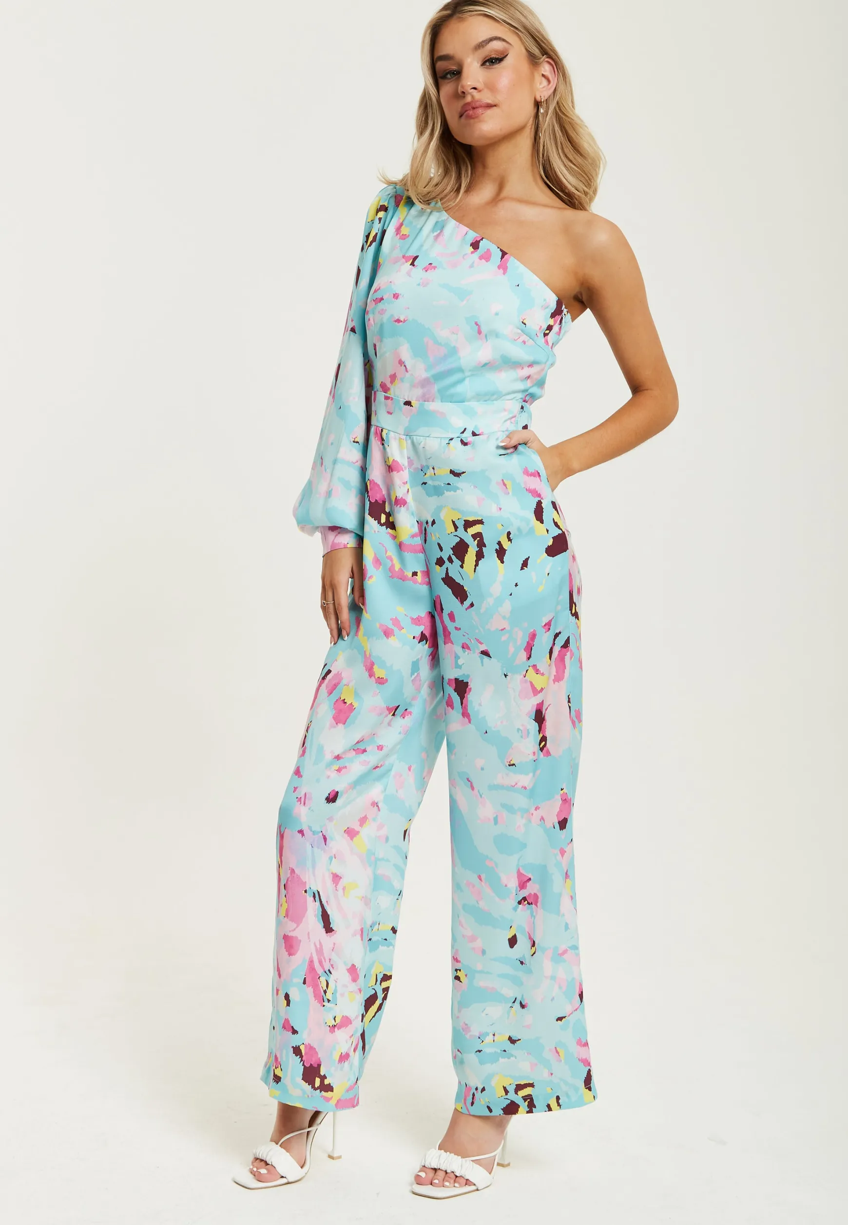 Women's Jumpsuit in Blue with Abstract Print, One Shoulder Style, Full Length Wide Legs, Regular Fit, Liquorish