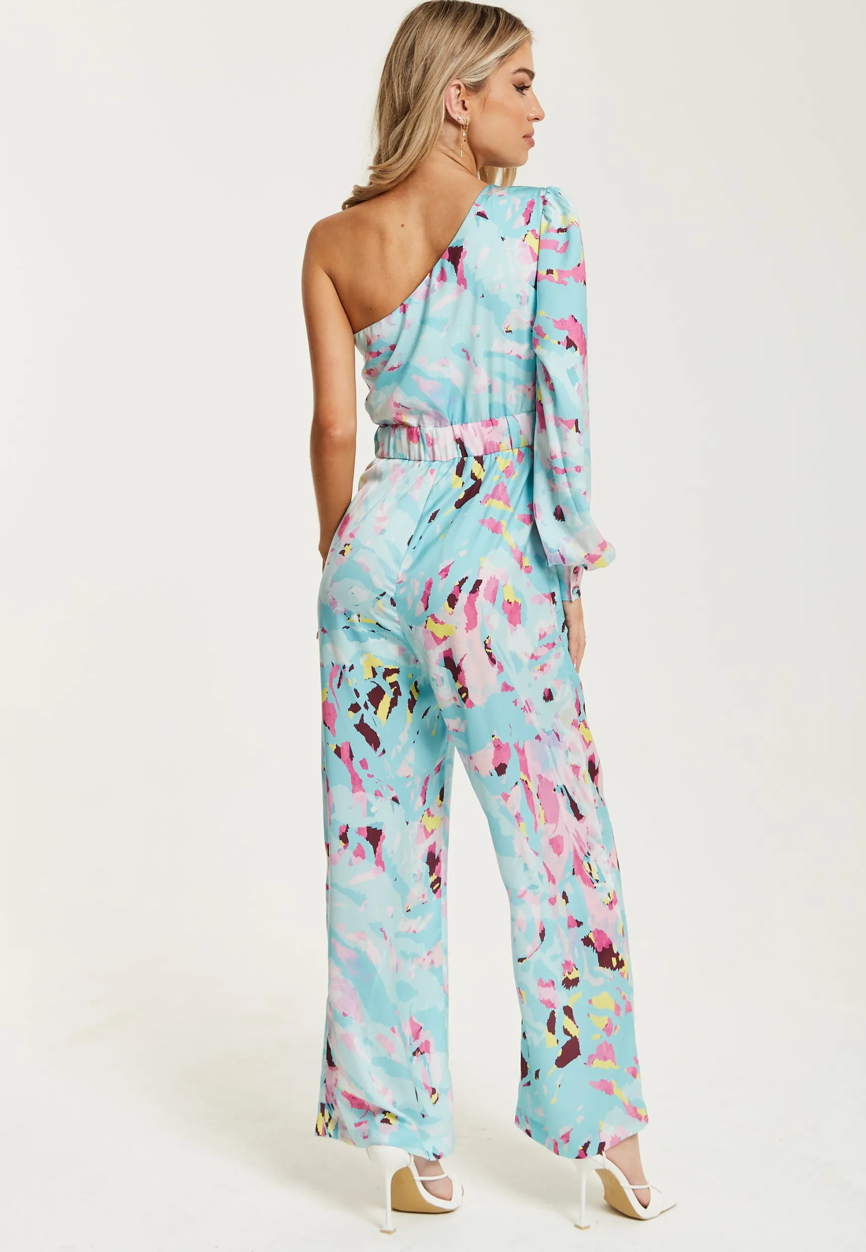 Women's Jumpsuit in Blue with Abstract Print, One Shoulder Style, Full Length Wide Legs, Regular Fit, Liquorish