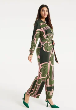 Women's Jumpsuit in Dark Green with Long Sleeves, Floral Print, Relaxed Fit - Liquorish