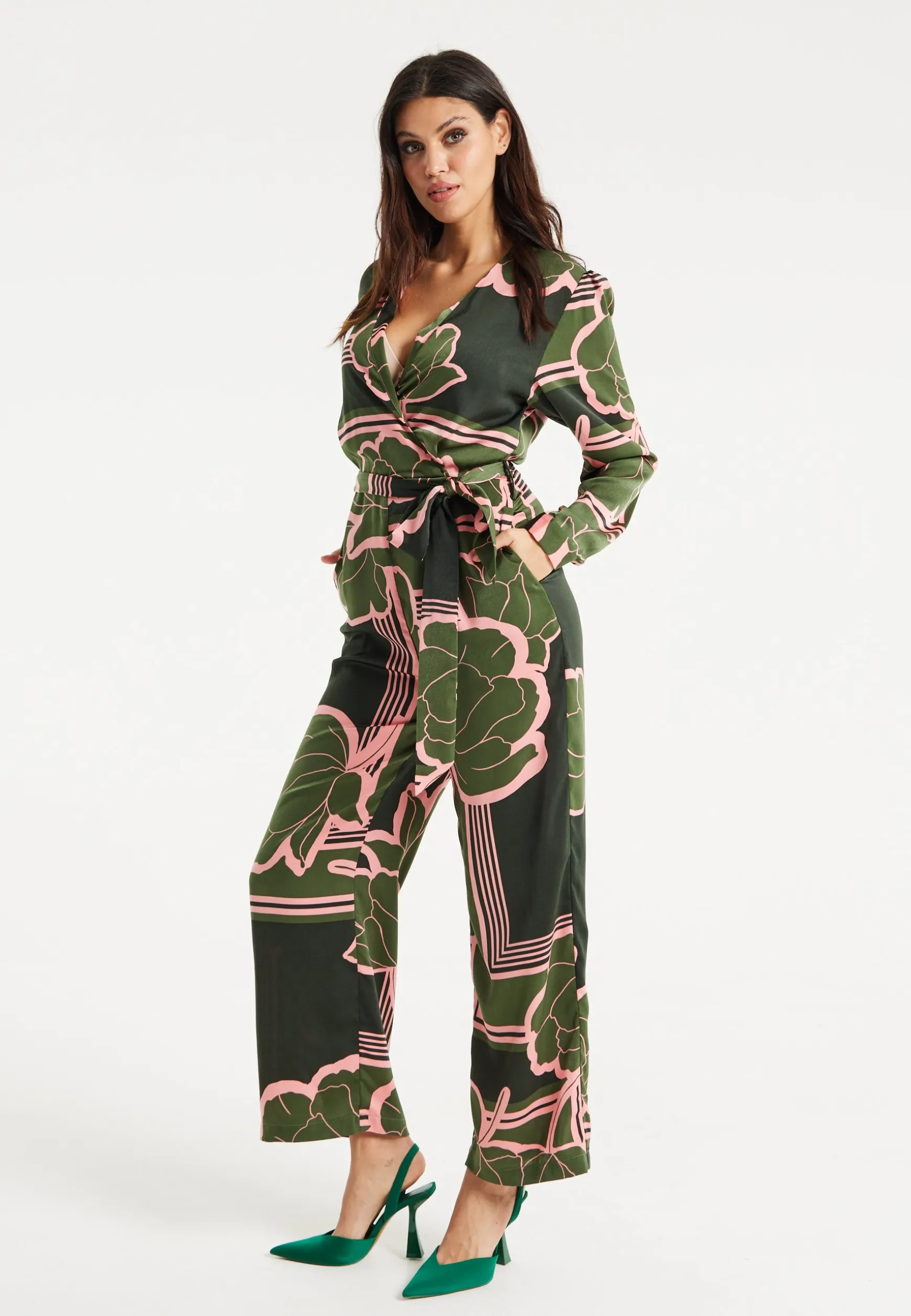Women's Jumpsuit in Dark Green with Long Sleeves, Floral Print, Relaxed Fit - Liquorish
