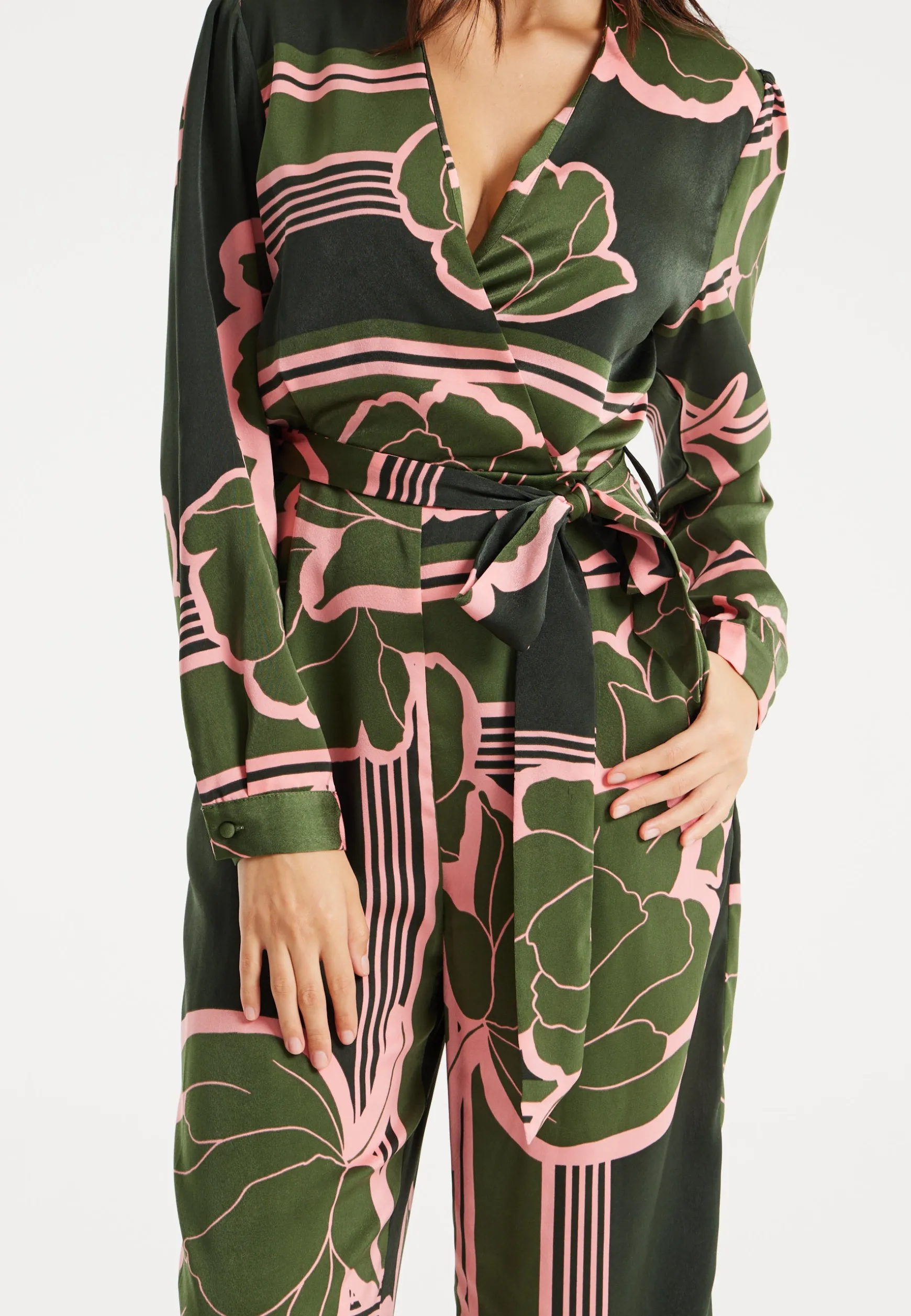 Women's Jumpsuit in Dark Green with Long Sleeves, Floral Print, Relaxed Fit - Liquorish